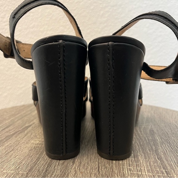 Frye Alexa Seam 2 Piece Black Brown Leather Platform Wedge Sandal Heels- Size 9 - Picture 7 of 16